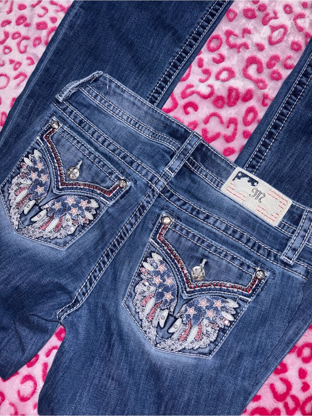 Miss Me Blue Bootcut Jeans with Embroidered Star Wing Pockets